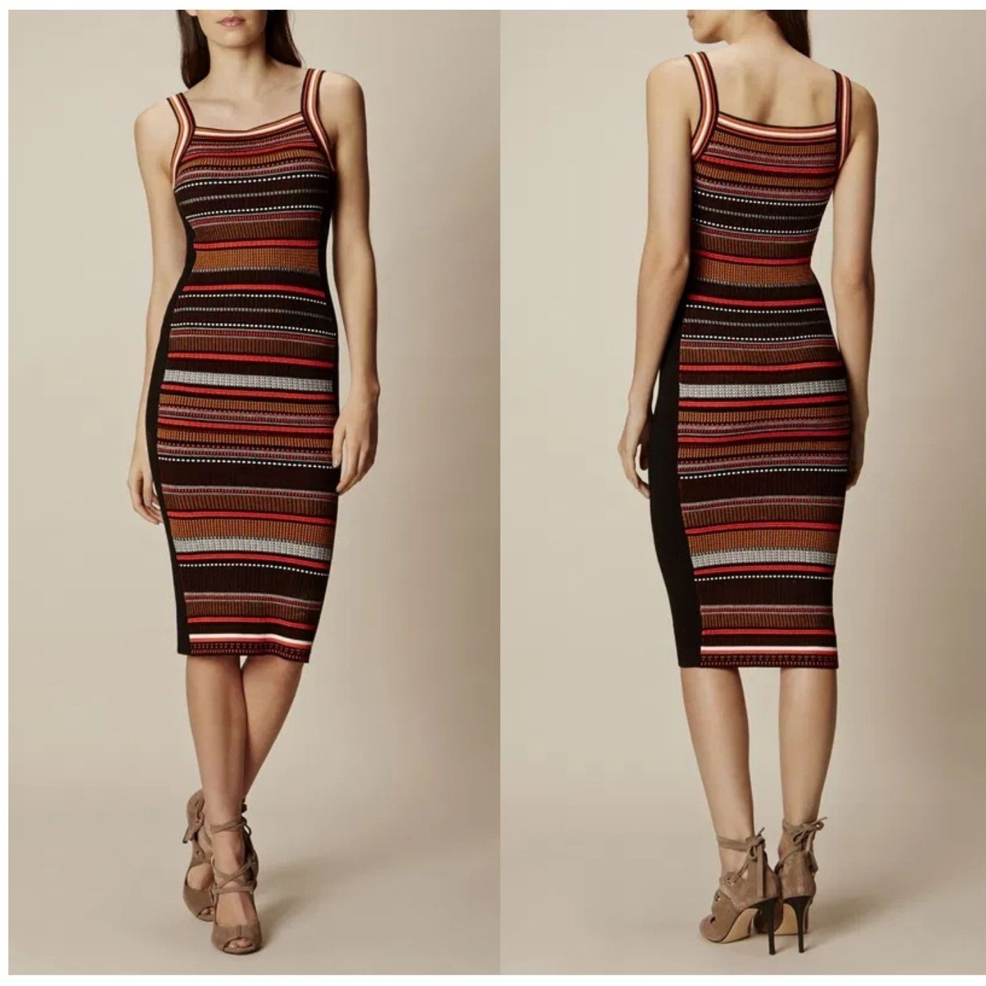 Indie Boho Bodycon Midi Dress Womens S Orange Black Karen Millen Textured Stripe
